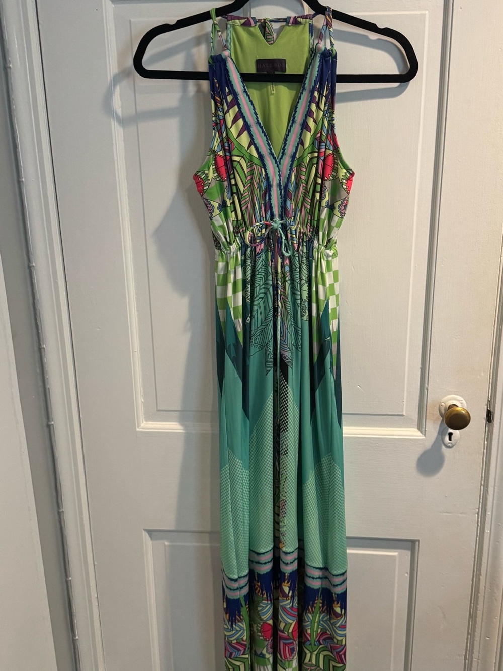 Hale Bob Lime & Teal Geometric Halter Maxi Dress - Picture 2 of 8